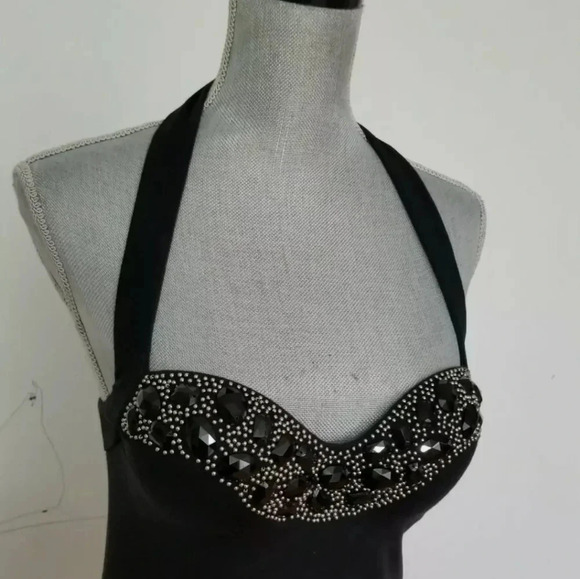 VICTORIA’S SECRET Miraculous Bombshell Bra Top Black Beaded Padded Halter 34A - Picture 8 of 10